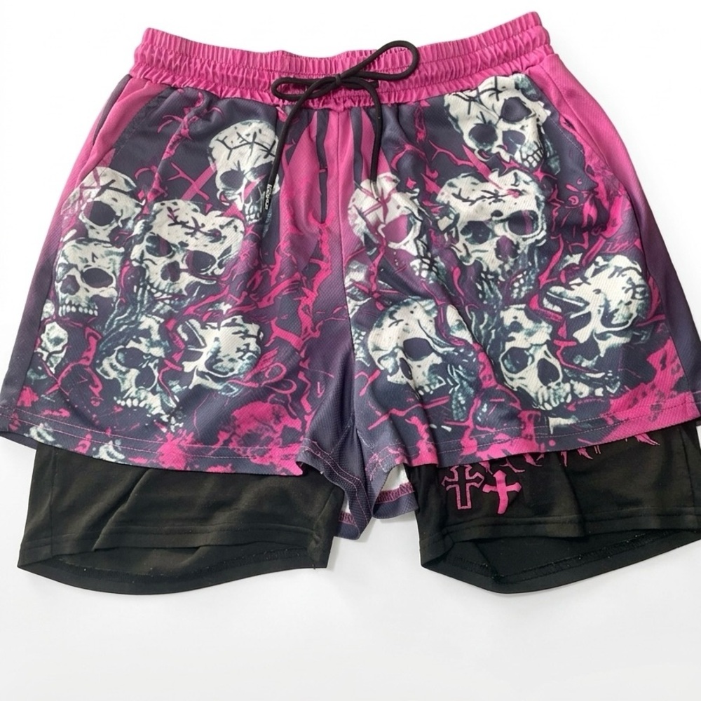 ROMWE Gothic Skull 2-in-1 Shorts Size M Purple Pink Black Graphic Compression